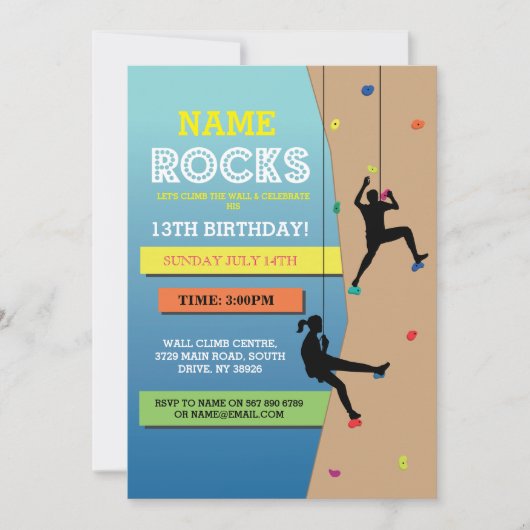 Rockbeklimming Birthday Party Wall Beklimt Invite Kaart (Voorkant)