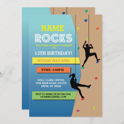 Rockbeklimming Birthday Party Wall Beklimt Invite Kaart (Voorkant / Achterkant)