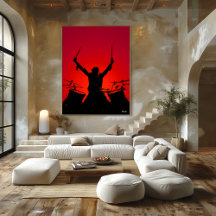 Rockdrummerposter – Zwarte Silhouet op Rood