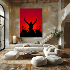 Rockdrummerposter – Zwarte Silhouet op Rood Poster