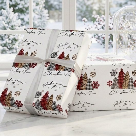 Rockende Kerst Plaid Luipaardprint Bomen Cadeaupapier