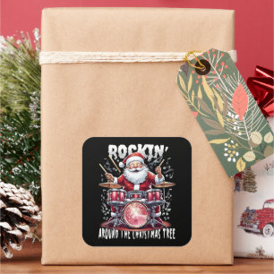 Rockende Kerstman Drummer Kerstboom Vierkante Sticker