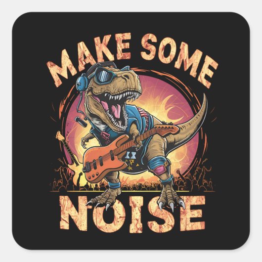 Rockende T-Rex Dinosaur Concert Kunst Vierkante Sticker (Voorkant)