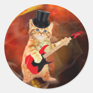 Rocker cat met bovenste hoed en gitaar ronde sticker