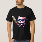 Rocker Cat met zwarte bril en zwaard in stijl T-shirt (Voorkant)
