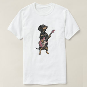 Rocker Dachshund Speelt Roze Elektrische Gitaar T-shirt