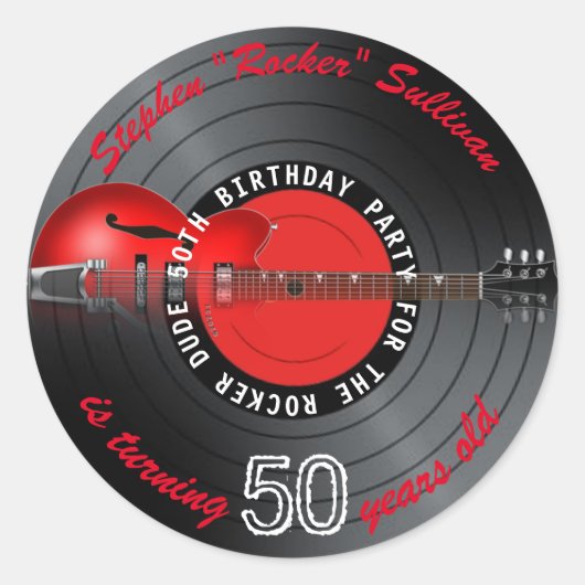 Rocker Kerel Guitar Record 50e verjaardag Ronde Sticker (Voorkant)