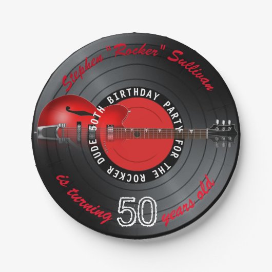 Rocker Kerel Guitar Record 50th Birthday Party Papieren Bordje (Voorkant)