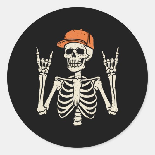 Rocker Skeleton Rock op de hand Halloween Skeleton Ronde Sticker (Voorkant)