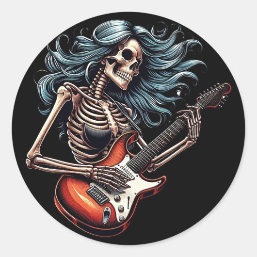 Rocker Skeleton vrouw speelt gitaar Dark art Ronde Sticker (Voorkant)