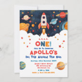 Rocket 1e reis rond de zon verjaardagsuitnodiging kaart (Voorkant)