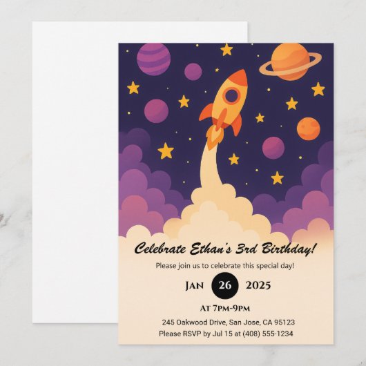  Rocket Adventure & Purple Galaxy Birthday  Kaart (Voorkant / Achterkant)