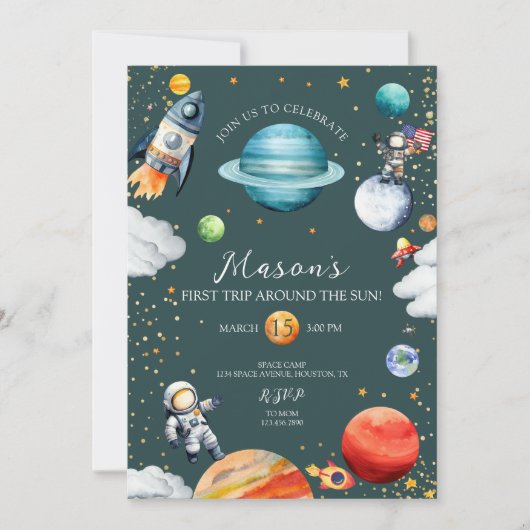 Rocket & Astronaut First Trip Around the Sun Space Kaart (Voorkant)