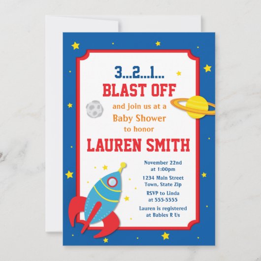 Rocket Baby shower Invitation Baby Boy Buitenruimt Kaart (Voorkant)