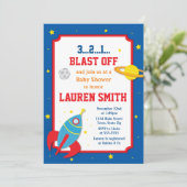 Rocket Baby shower Invitation Baby Boy Buitenruimt Kaart (Staand voorkant)