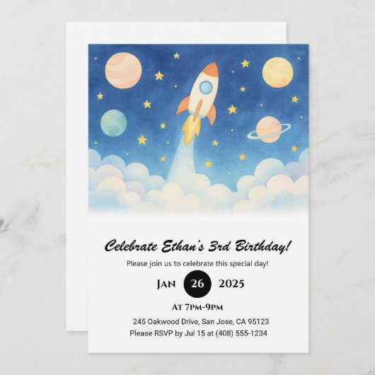 Rocket Blast-Off & Starry Galaxy Verjaardag Kaart (Voorkant / Achterkant)