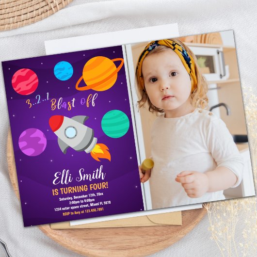 Rocket Blast Off verjaardagsuitnodiging met foto Kaart
