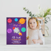 Rocket Blast Off verjaardagsuitnodiging met foto Kaart (Staand voorkant)