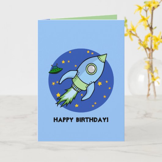 Rocket blauw groen Verjaardag Kaart (Gele Bloem)