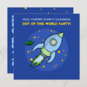 Rocket blue green Birthday Invitation Kaart (Voorkant / Achterkant)