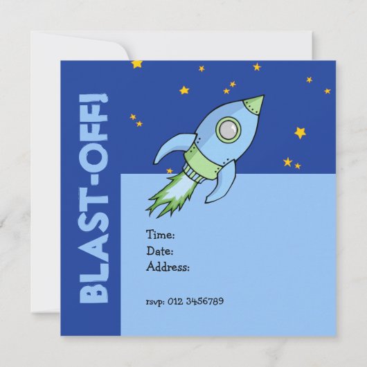 Rocket blue green Birthday Invitation Kaart (Achterkant)
