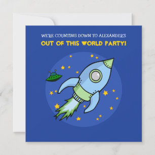 Rocket blue green Birthday Invitation Kaart