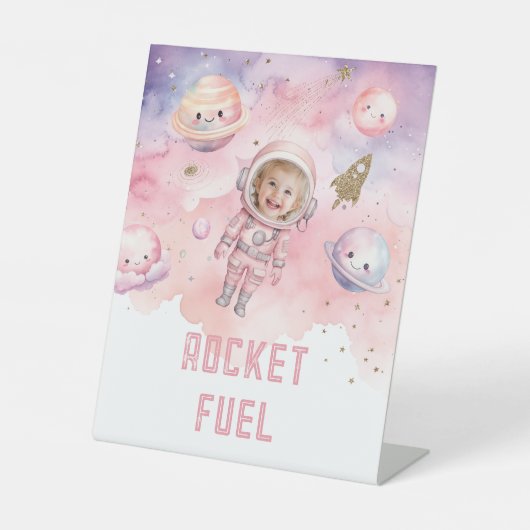 Rocket Fuel Outer Space planeten Meisje verjaardag Reclamebord Met Voetstuk (Voorkant)