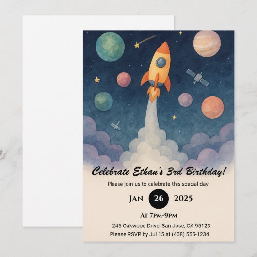 Rocket in de Galaxy-scène van Starry Birthday Kaart (Voorkant / Achterkant)