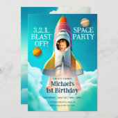 Rocket in Sky Space Thema Verjaardag Uitnodiging (Voorkant / Achterkant)