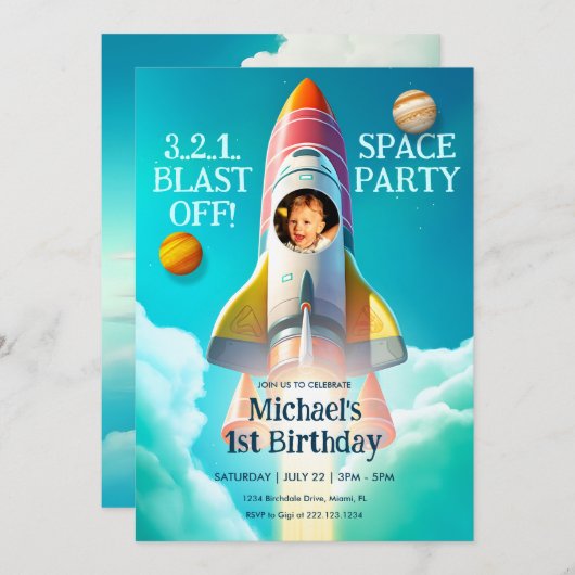 Rocket in Sky Space Thema Verjaardag Uitnodiging (Voorkant / Achterkant)