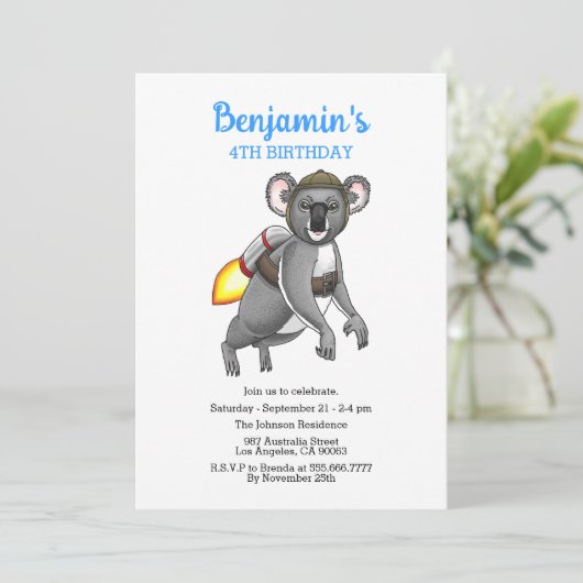 Rocket Koala Verjaardag uitnodiging (Staand voorkant)