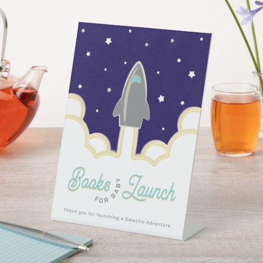 Rocket Launch Books for Baby Gray & Blue Reclamebord Met Voetstuk (Insitu)