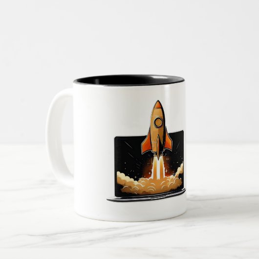 Rocket Launch Laptop Startup Entrepreneur Online B Tweekleurige Koffiemok (Voorkant links)