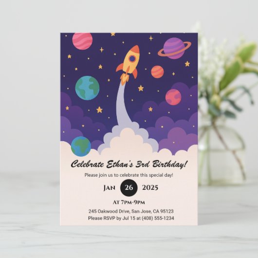 Rocket Launch & Outer Space Cartoon Birthday Kaart (Staand voorkant)