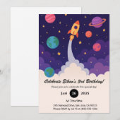 Rocket Launch & Outer Space Cartoon Birthday  Kaart (Voorkant / Achterkant)