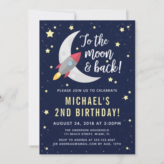 Rocket Moon Birthday Party Invitation Kaart (Voorkant)