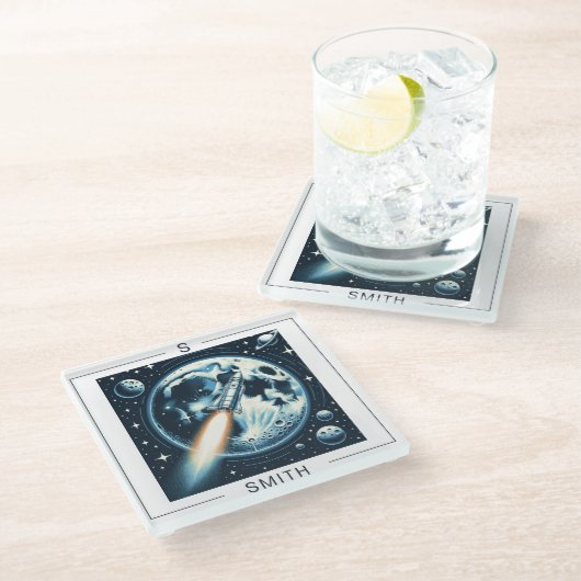 Rocket Moon Space Monogram Glazen Onderzetter (Schuin)