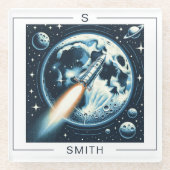 Rocket Moon Space Monogram Glazen Onderzetter (Voorkant)