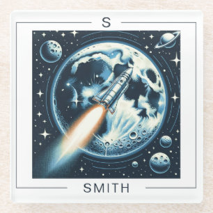 Rocket Moon Space Monogram Glazen Onderzetter