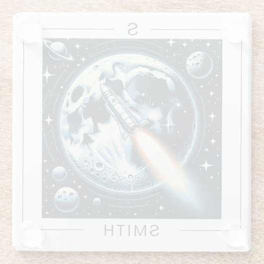 Rocket Moon Space Monogram Glazen Onderzetter (Achterkant)