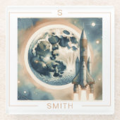 Rocket Moon Space Monogram Glazen Onderzetter (Voorkant)