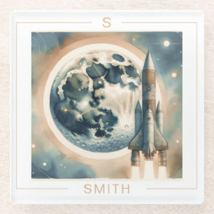 Rocket Moon Space Monogram Glazen Onderzetter