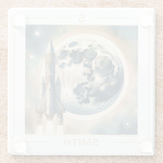 Rocket Moon Space Monogram Glazen Onderzetter (Achterkant)