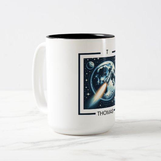 Rocket Moon Space Monogram Twee-Tone Koffie Mok (Voorkant links)