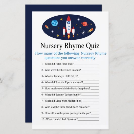 Rocket Nursery Rhyme Quiz baby shower game (Voorkant / Achterkant)