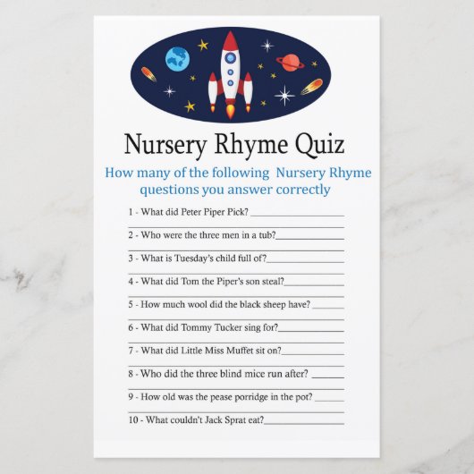 Rocket Nursery Rhyme Quiz baby shower game (Voorkant)
