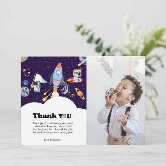 Rocket planeet galaxy jongen verjaardag dank u kaa aankondiging (Staand voorkant)