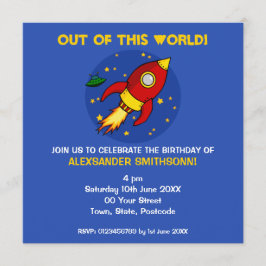 Rocket red yellow Square Birthday Invitation Kaart