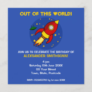 Rocket red yellow Square Birthday Invitation Kaart