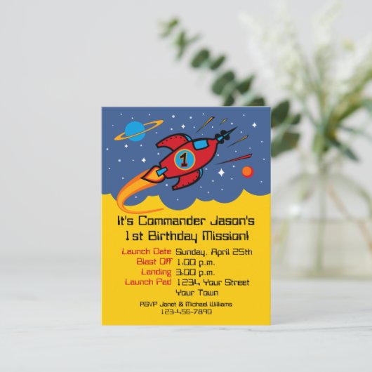 Rocket Ship 1st Birthday Custom Invitations Kaart (Staand voorkant)